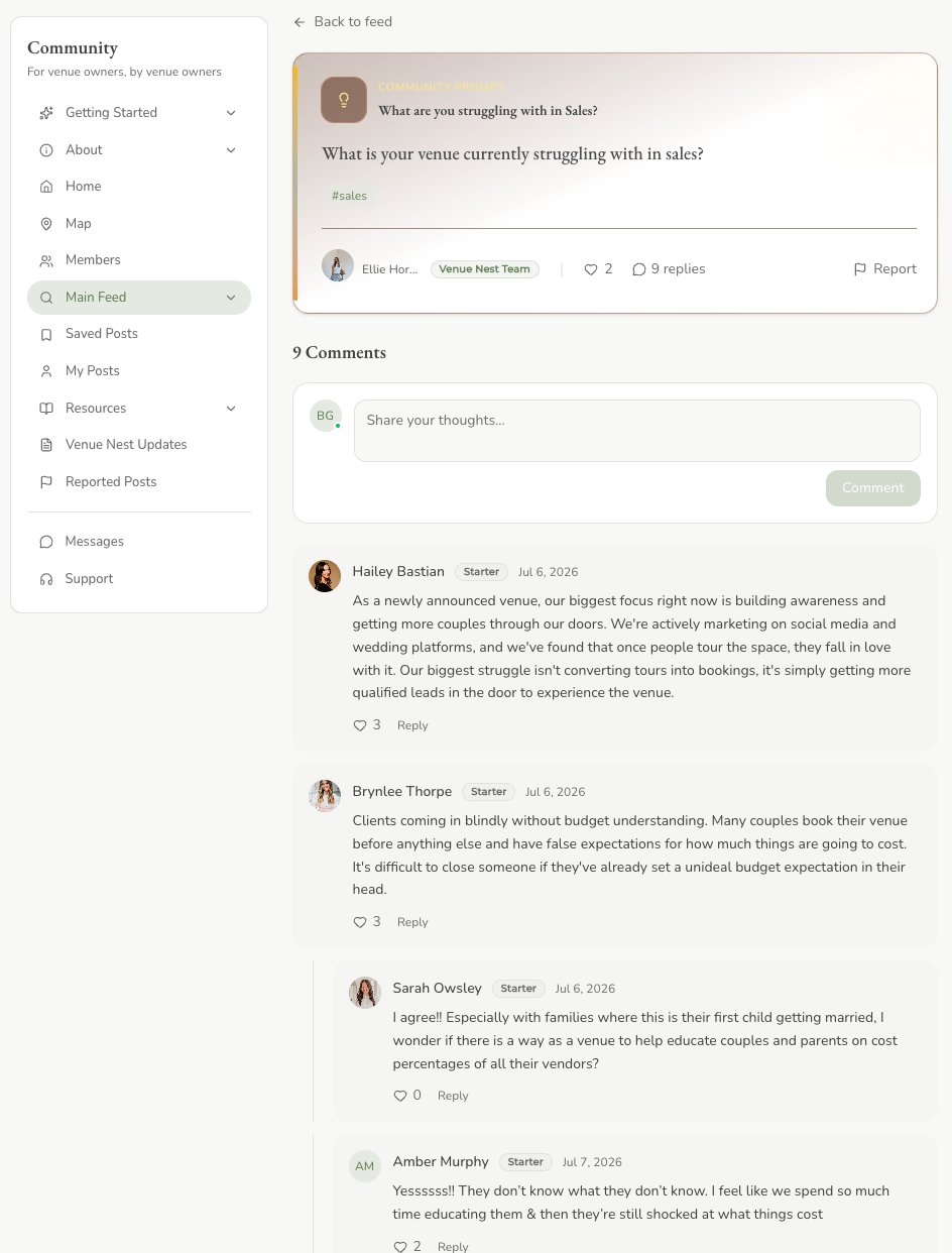 The community feed and discussion threads inside Venue Nest