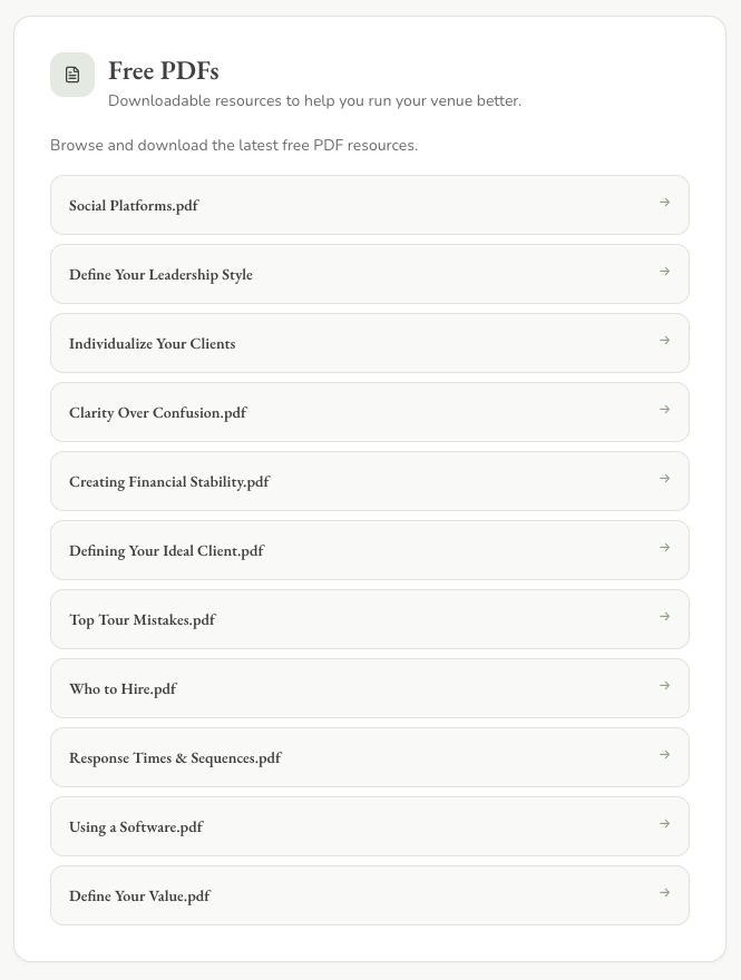 Free PDF resource library inside the Venue Nest community
